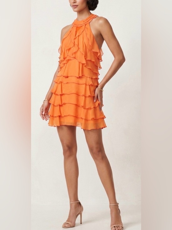 Alice + Olivia Dresses & Skirts - Alice + Olivia Coral Silk Chiffon Tiered Ruffle Halter Mini Dress Size Large